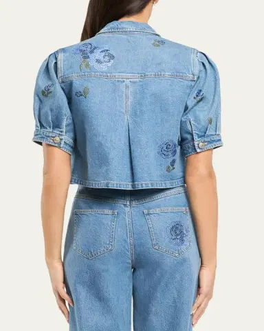Cinq à Sept Cropped Heatset Roses Denim Jacket | Thumbnail 2