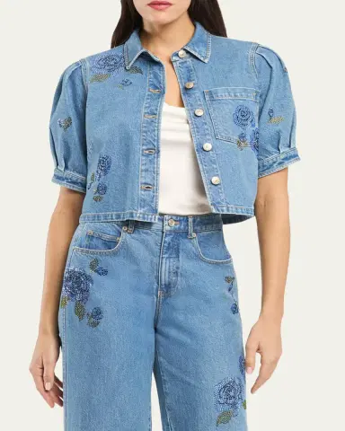 Cinq à Sept Cropped Heatset Roses Denim Jacket | Thumbnail 3