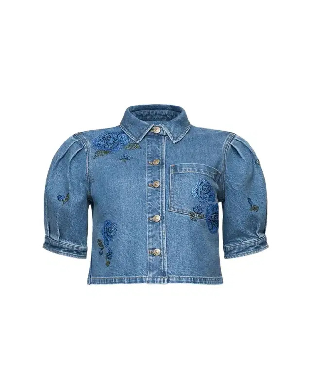 Cinq à Sept Cropped Heatset Roses Denim Jacket