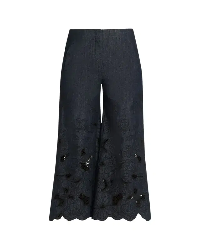 Veronica Beard Osborne Embroidered Chambray Pants
