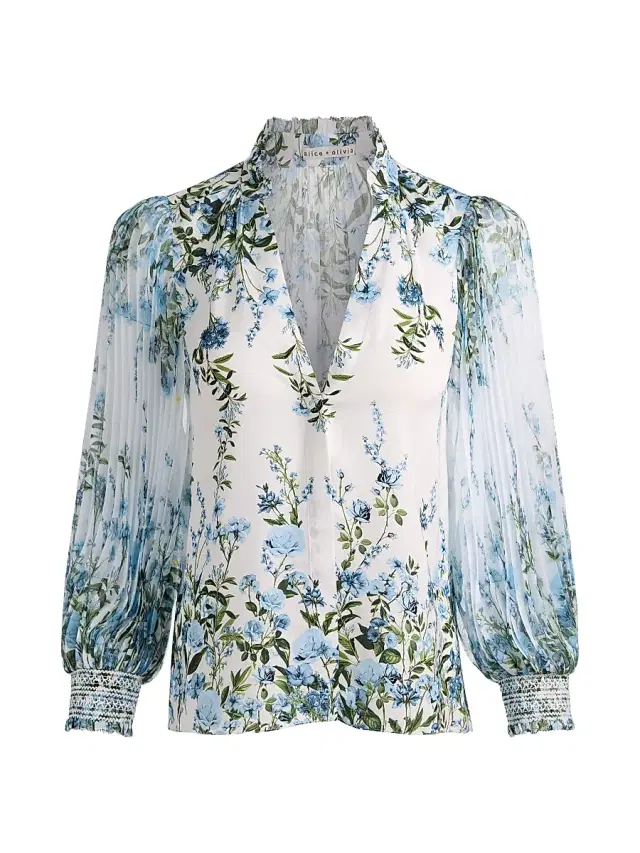 ALICE + OLIVIA Women's Ilan Pleated Blouson-Sleeve Blouse - Fresh Air Carolina Blue
