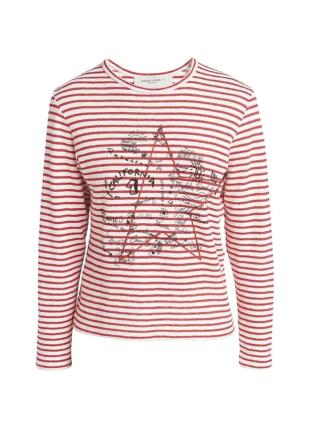 Golden Goose Women's Golden Striped Embroidered Long-Sleeve T-Shirt - White Red