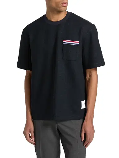 Thom Browne Men's RWB-Embroidered Textured Crewneck T-Shirt - Navy - Size XXL | Thumbnail 3