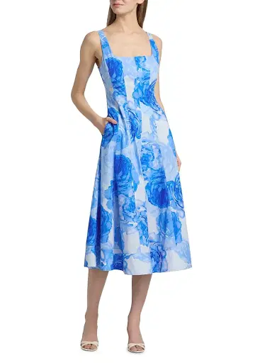 Milly Women's Nia Printed Stretch Cotton Poplin Midi-Dress - Blue Multi | Thumbnail 2