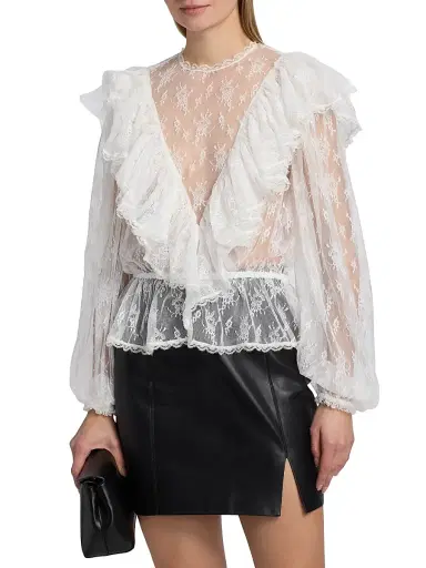 Ronny Kobo Women's Talia Ruffled Sheer Lace Blouse - Ivory - Size XL | Thumbnail 3