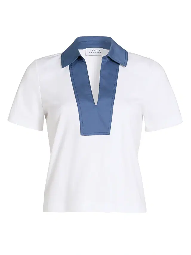 Tanya Taylor Women's Melanie Johnny Collar Cotton Short-Sleeve Top - Optic White French Blue