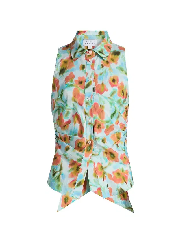 Tanya Taylor Women's Hannah Cascading Floral Back Bow Top - Powder Blue Multi
