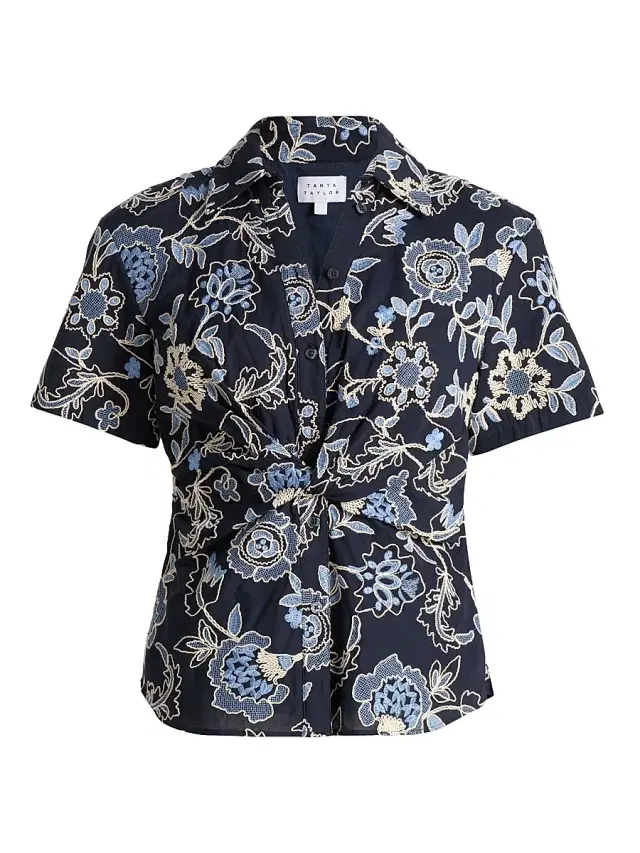 Tanya Taylor Women's Oakley Embroidered Twist-Front Shirt - Maritime Blue Multi