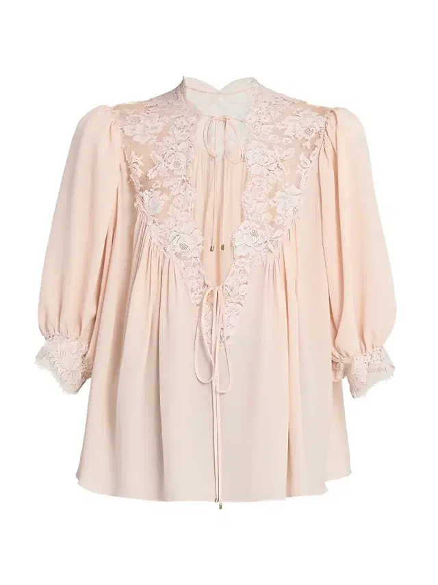 Chloé Women's Lace-Detailed Tie Blouse - Delicate Pink