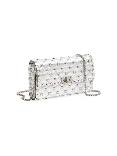Valentino Garavani Women's Rockstud Spike Shoulder Bag in Laminated Nappa Leather - Silver Crystal | Thumbnail 4
