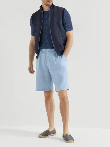 Brunello Cucinelli Men's Linen and Virgin Wool Chevron Bermuda Shorts - Azure - Size 44 | Thumbnail 6
