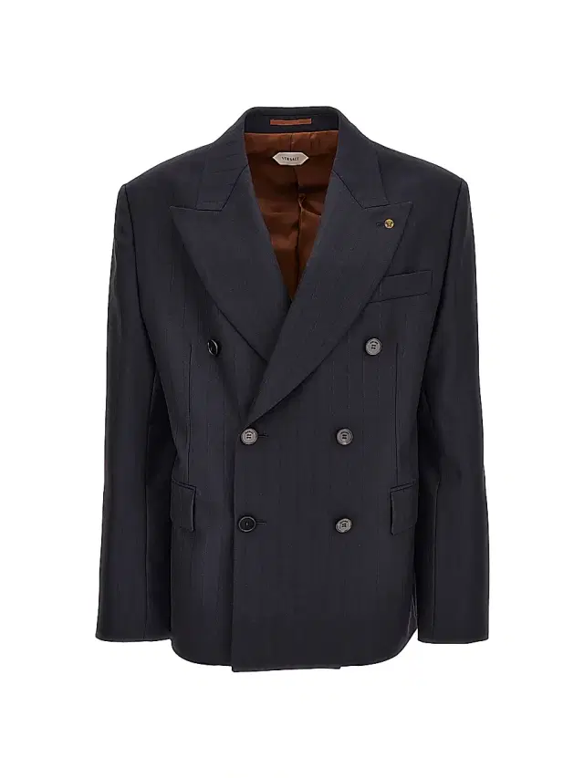 Versace Men's Pinstriped Double-Breasted Virgin Wool Jacket - Dark Navy Black