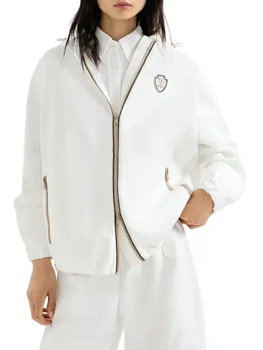 Brunello Cucinelli Women's Nylon Hooded Outerwear Jacket with Logo and Precious Trims - White - Size 12 | Thumbnail 2