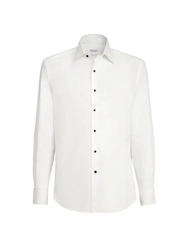 Brunello Cucinelli Men's Sea Island Cotton Twill Slim Fit Tuxedo Shirt with Spread Collar - White