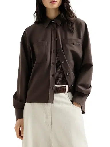 Brunello Cucinelli Women's Tropical Luxury Wool Shirt with Shiny Tab - Brown - Size XXXL | Thumbnail 2