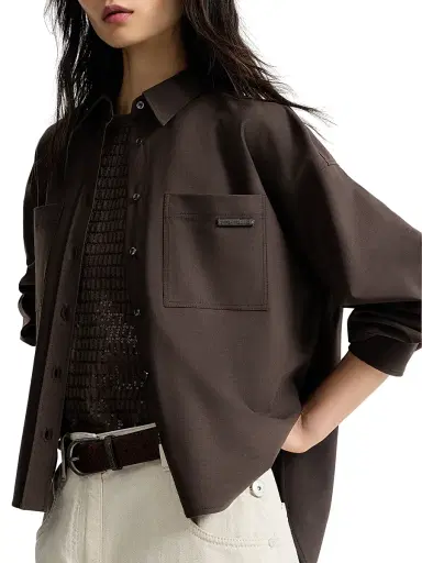 Brunello Cucinelli Women's Tropical Luxury Wool Shirt with Shiny Tab - Brown - Size XXXL | Thumbnail 4