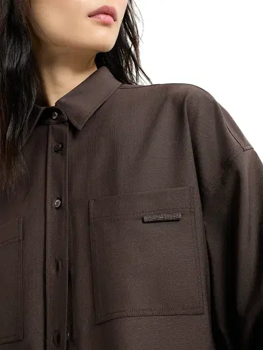 Brunello Cucinelli Women's Tropical Luxury Wool Shirt with Shiny Tab - Brown - Size XXXL | Thumbnail 5