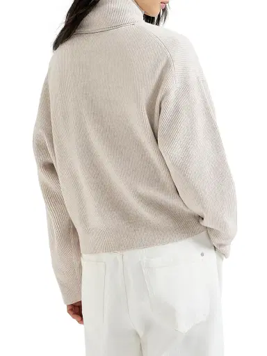 Brunello Cucinelli Women's Virgin Wool, Cashmere and Silk English Rib Turtleneck Sweater - Cool Beige - Size XXXL | Thumbnail 3