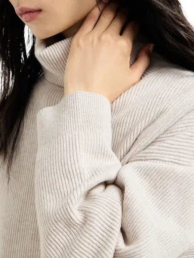 Brunello Cucinelli Women's Virgin Wool, Cashmere and Silk English Rib Turtleneck Sweater - Cool Beige - Size XXXL | Thumbnail 4