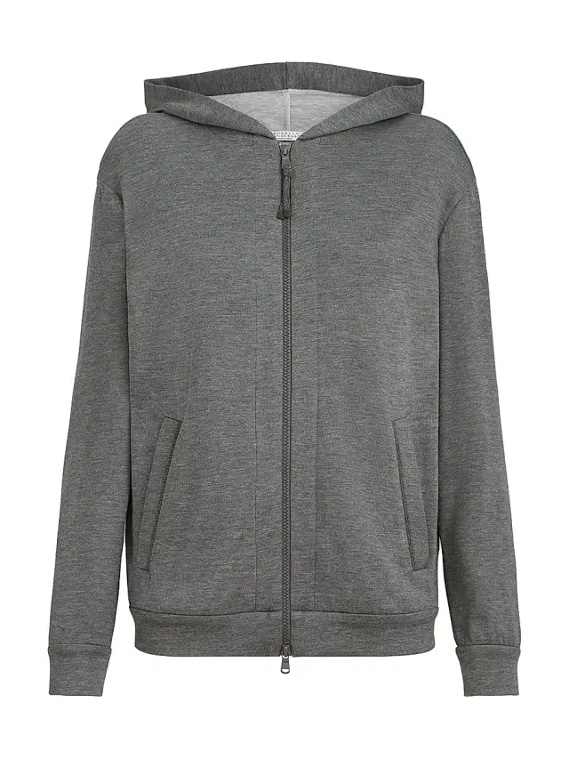 Women's Cotton and Silk Interlock Hooded Sweatshirt - Dark Grey