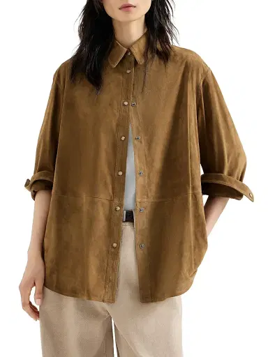 Brunello Cucinelli Women's Suede Shirt with Monili - Light Brown - Size 14 | Thumbnail 2 Brunello Cucinelli Women's Suede Shirt with Monili - Light Brown - Size 14 | Thumbnail 2