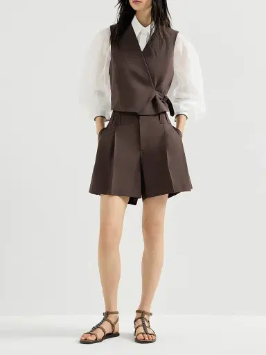 Brunello Cucinelli Women's Tropical Luxury Wool Formal Shorts - Cocoa | Thumbnail 6