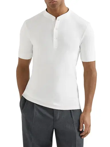 Brunello Cucinelli Men's Ribbed Stretch Cotton and Modal Jersey T-Shirt with Henley Collar - White - Size XXXL | Thumbnail 2