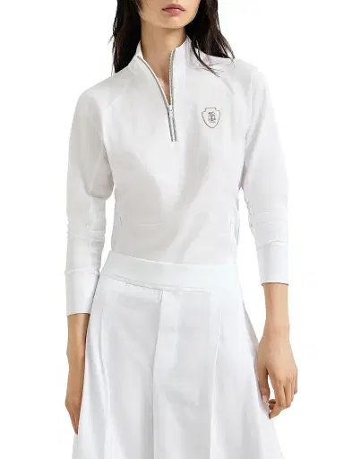 Brunello Cucinelli Women's Techno Piqué Sweatshirt with Logo and Precious Half Zip - White | Thumbnail 2