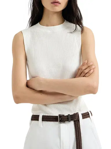 Brunello Cucinelli Women's Cotton Ribbed Jersey Top with Monili - | Thumbnail 2 Brunello Cucinelli Women's Cotton Ribbed Jersey Top with Monili - | Thumbnail 2