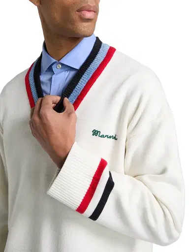 Marni Men's Striped Trim V-Neck Knit Sweater - Alabaster | Thumbnail 6