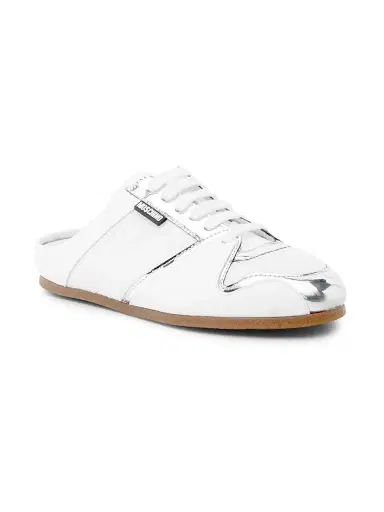 MOSCHINO Women's Logo Chrome Mesh-Leather Mules - White Silver - Size 10 | Thumbnail 2 MOSCHINO Women's Logo Chrome Mesh-Leather Mules - White Silver - Size 10 | Thumbnail 2
