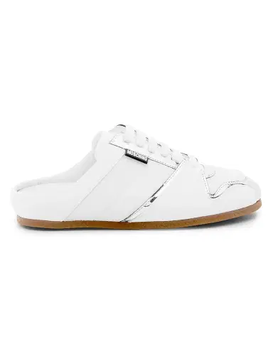 MOSCHINO Women's Logo Chrome Mesh-Leather Mules - White Silver - Size 10 | Thumbnail 1 MOSCHINO Women's Logo Chrome Mesh-Leather Mules - White Silver - Size 10 | Thumbnail 1