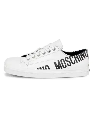 MOSCHINO Men's Logo Leather Low-Top Sneakers - White Black | Thumbnail 3