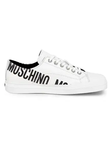 MOSCHINO Men's Logo Leather Low-Top Sneakers - White Black | Thumbnail 1