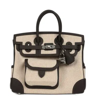 HERMÈS Hermes Birkin 25 Cargo Ecru-Beige Toile H Canvas and Bai Brun Swift Palladium Hardware | Thumbnail 1 HERMÈS Hermes Birkin 25 Cargo Ecru-Beige Toile H Canvas and Bai Brun Swift Palladium Hardware | Thumbnail 1