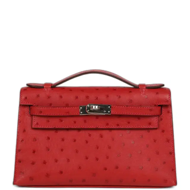 Hermes Kelly Pochette Rouge Vif Ostrich Palladium Hardware