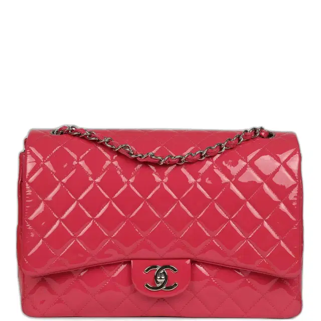 Chanel Pre-owned Chanel Maxi Classic Double Flap Bag Dark Pink Patent Silver Hardware