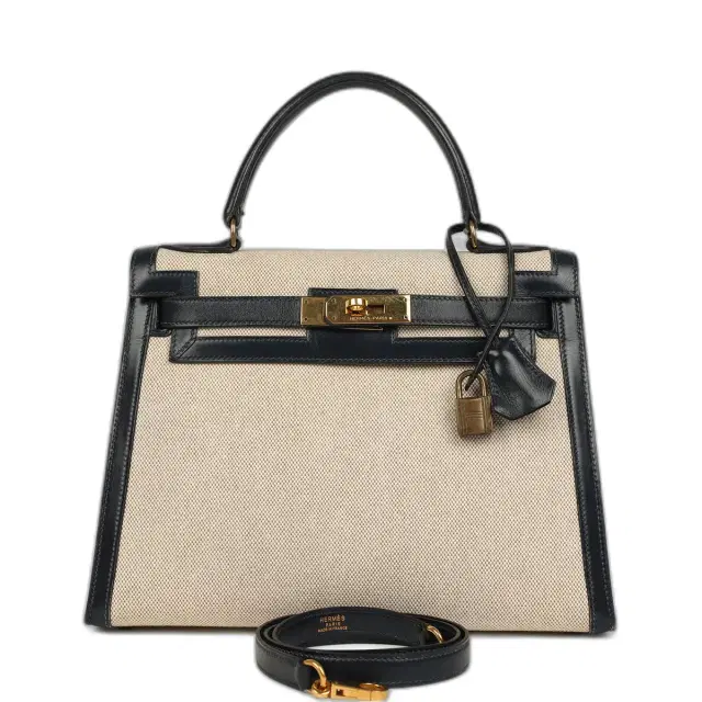 hermes Vintage Hermes Kelly Sellier 28 Bleu Marine Box and Beige-Ecru Toile H Canvas Gold Hardware