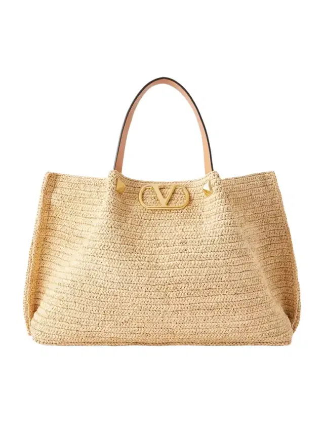 Vlogo Studded Leather-trimmed Woven Raffia Tote