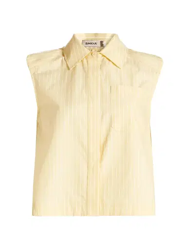 Simkhai Women's Winslow Striped Sleeveless Crop Button-Front Shirt - Buttercream Stripe - Size Large | Thumbnail 1 Simkhai Women's Winslow Striped Sleeveless Crop Button-Front Shirt - Buttercream Stripe - Size Large | Thumbnail 1