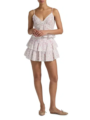 LoveShackFancy Women's Floral Cotton Tiered Miniskirt | Thumbnail 2