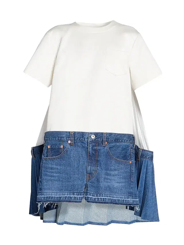 sacai Women's T-Shirt Spliced Denim Minidress - Off White Blue