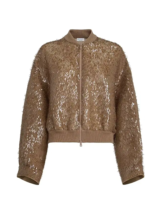 Women's Dazzling Cascade Embroidery Bomber Jacket in Crispy Silk - Beige