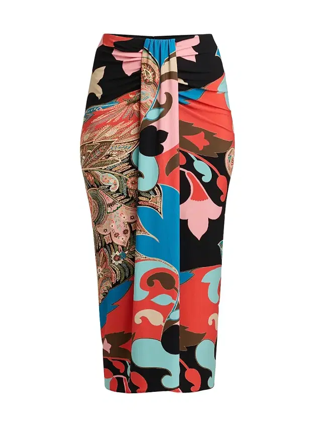Women's Paisley Lotus Print Knotted Pencil Skirt - Stamp Afdo Rosso