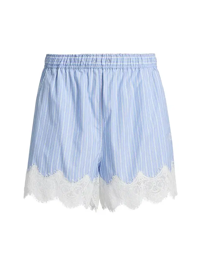 Women's Contrast Lace-Trim Poplin Boxer Shorts - Oxford Blue Stripe