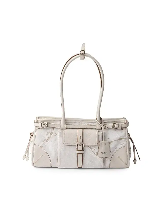 Prada Women's Bonnie  Printed Linen and Leather Top Handle Bag - White