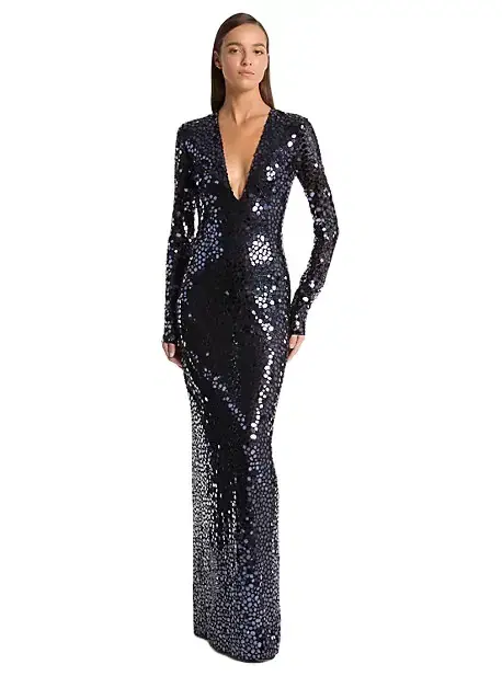 Michael Kors Collection Mirror Embroidered Stretch Tulle V-Neck Gown
