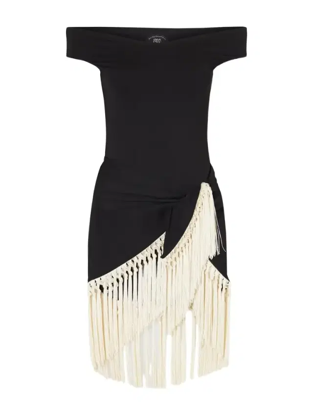 Taller Marmo Mini Romy Black Fringed Off-the-shoulder Swimsuit