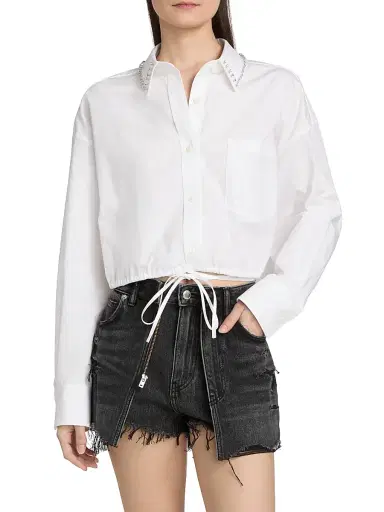 Alexander Wang Women's Studded Collar Drawstring Crop Shirt - White | Thumbnail 3