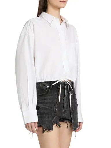 Alexander Wang Women's Studded Collar Drawstring Crop Shirt - White | Thumbnail 4